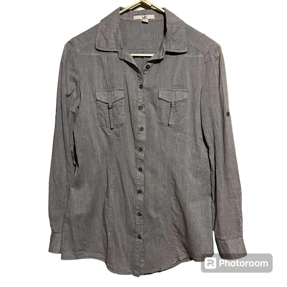 Ya Los Angeles Button Down Shirt Roll Tab Top Blouse Size S Womens Heather Grey